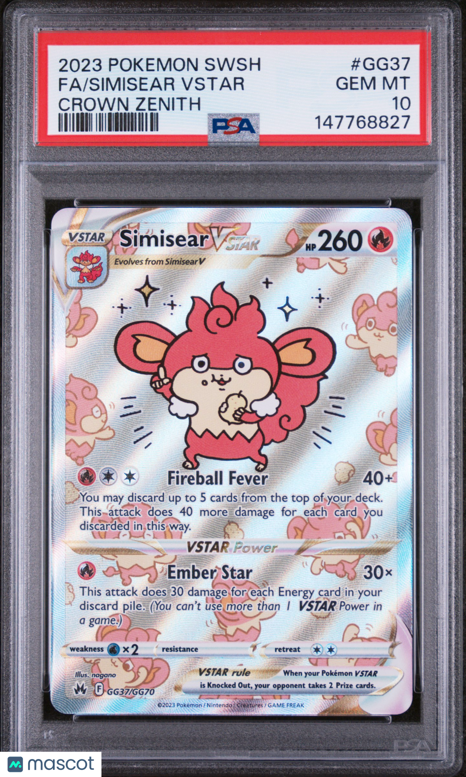 2023 Pokemon SWSH FA/Simisear VStar Crown Zenith PSA 10