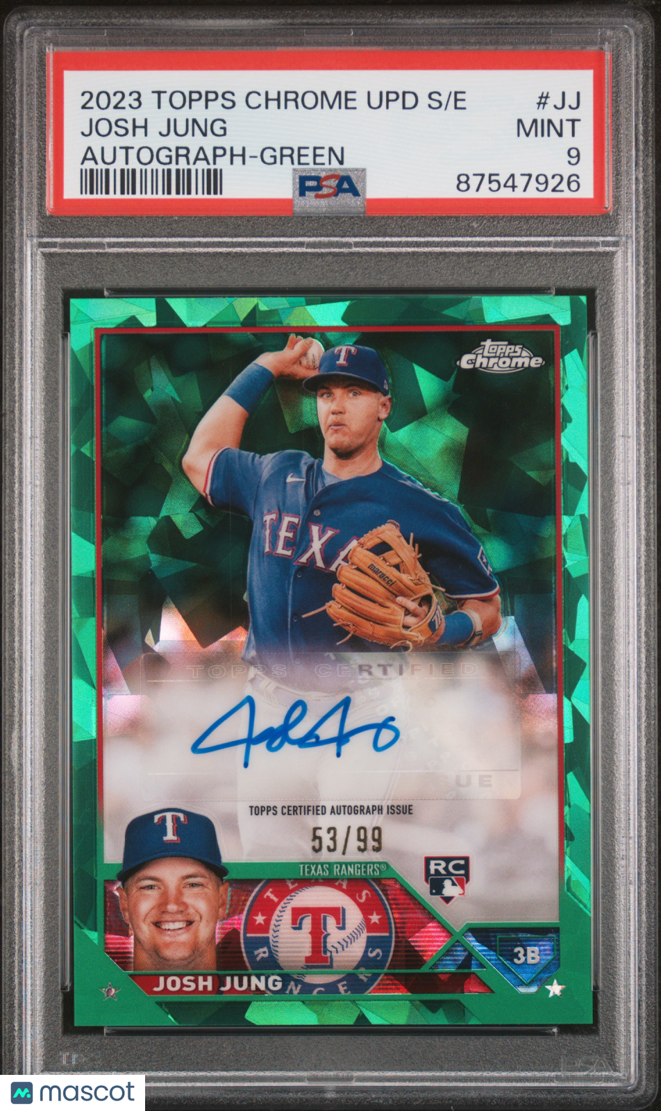 2023 Topps Chrome Update Sapphire Josh Jung Rookie Green Auto 53/99 PSA 9 RC
