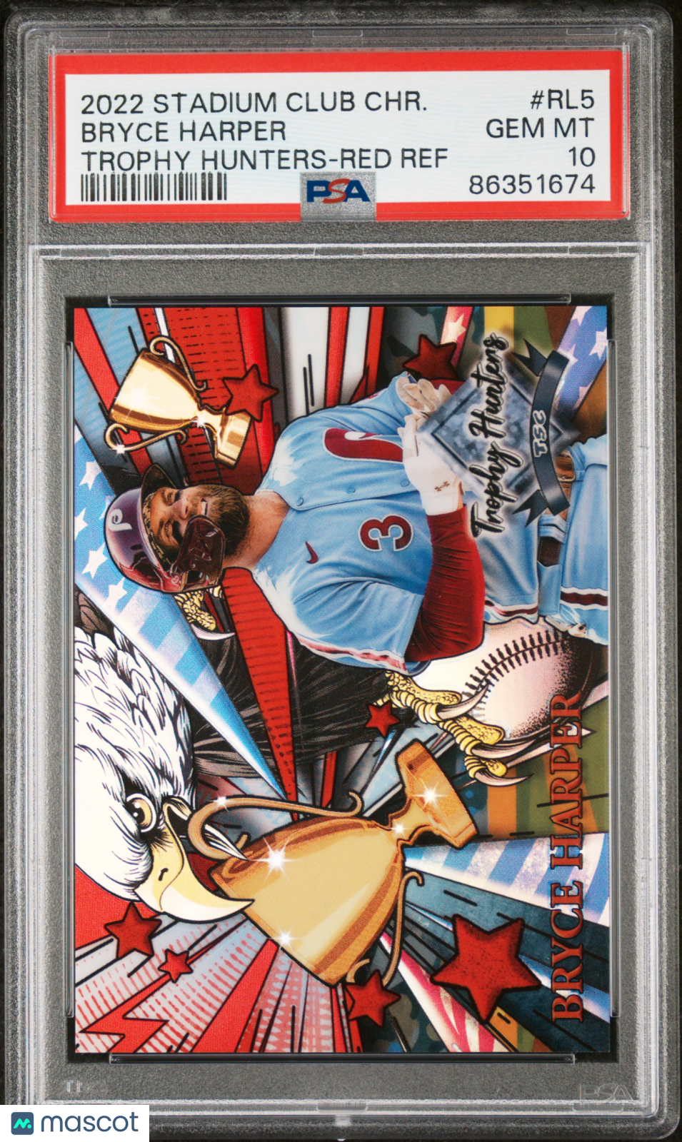 2022 Topps Stadium Club Chrome Bryce Harper Trophy Hunters Red Refractor 4/5 PSA 10