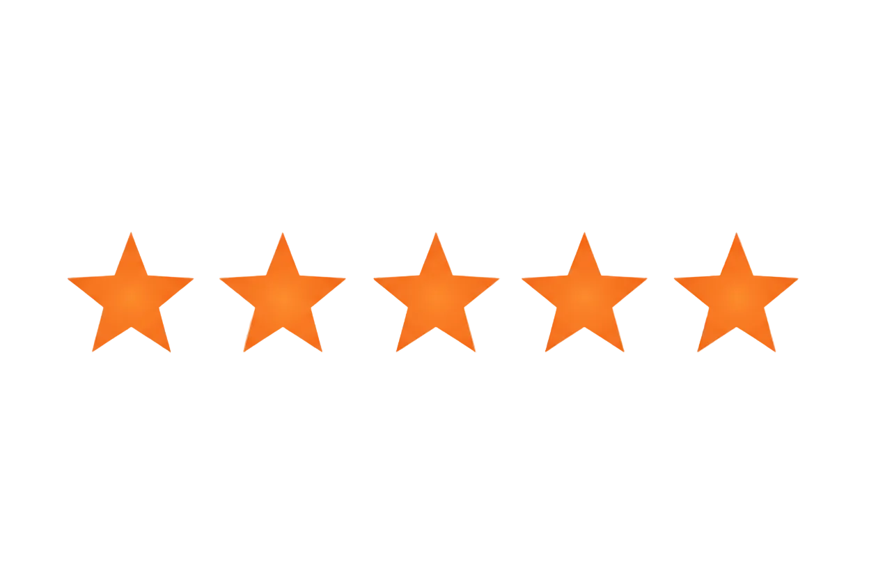 horizontal row of five orange stars on transparent background