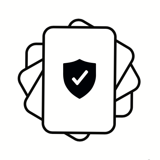Icon of a fanned cards with a shield and checkmark on the center